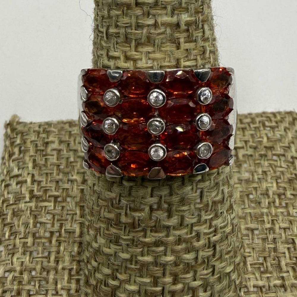 Garnet & White Topaz Sterling Silver Wide Band Ring 7.5
